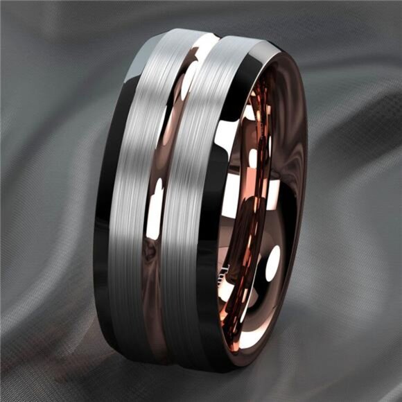 Men's Wedding Band Rings | Silver Brushed Rose Gold Men's Wedding Rings - Picture 2 of 8
